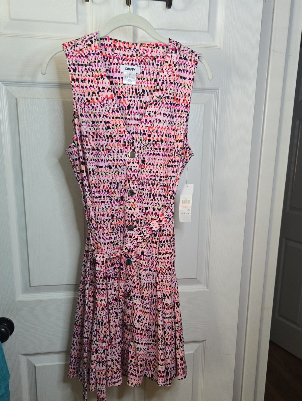 DKNY Pink Multi-Print Sleeveless Button Dress
